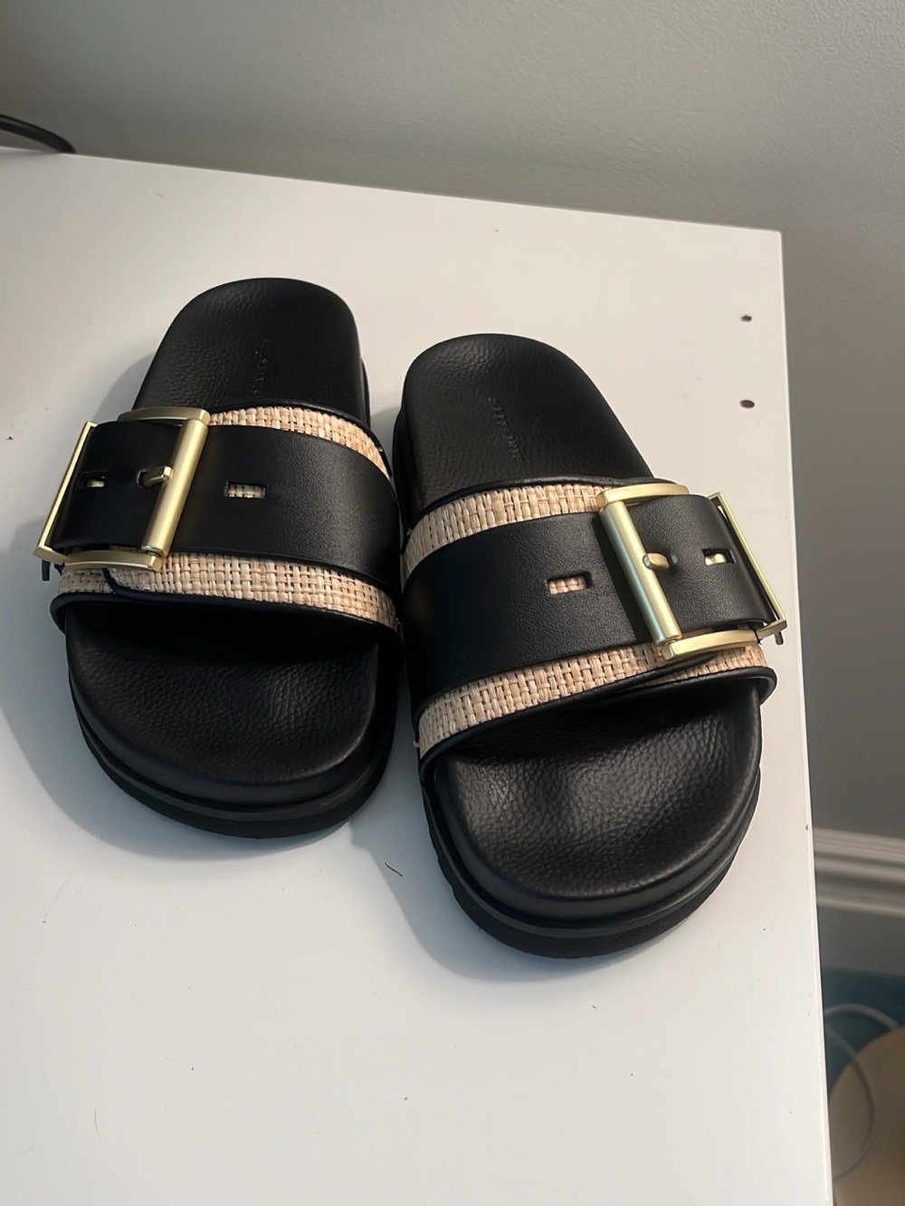 AllSaints Black and Natural Buckle Slide Sandals